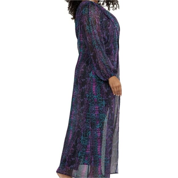 Fashion To Figure +2 Purple Sheer Snake Print Open Side One Shoulder Maxi Blouse - Picture 7 of 8